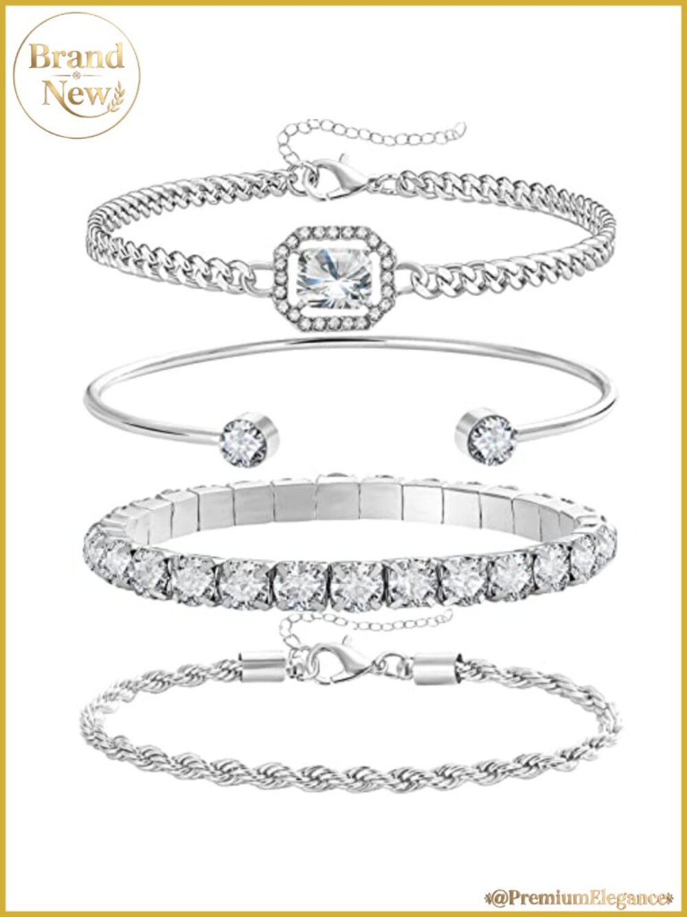 4 Pcs Silver Bracelets Set for Women 14K Plated Link Charm Stackable Dainty